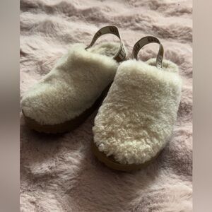 UGG Cream kids Fluffy Slides with Tan Accents
